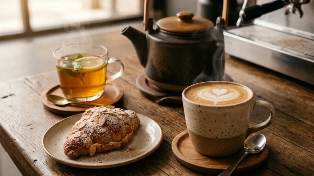 Coffee and tea on table with warm